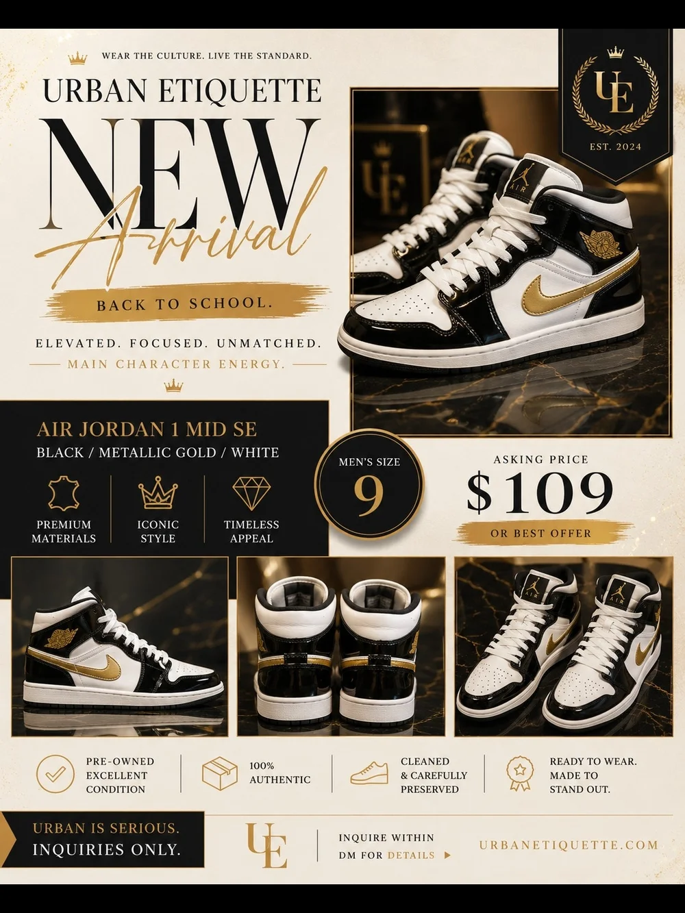 Jordan 1 Mid SE Sneakers - Black / Metallic Gold / White